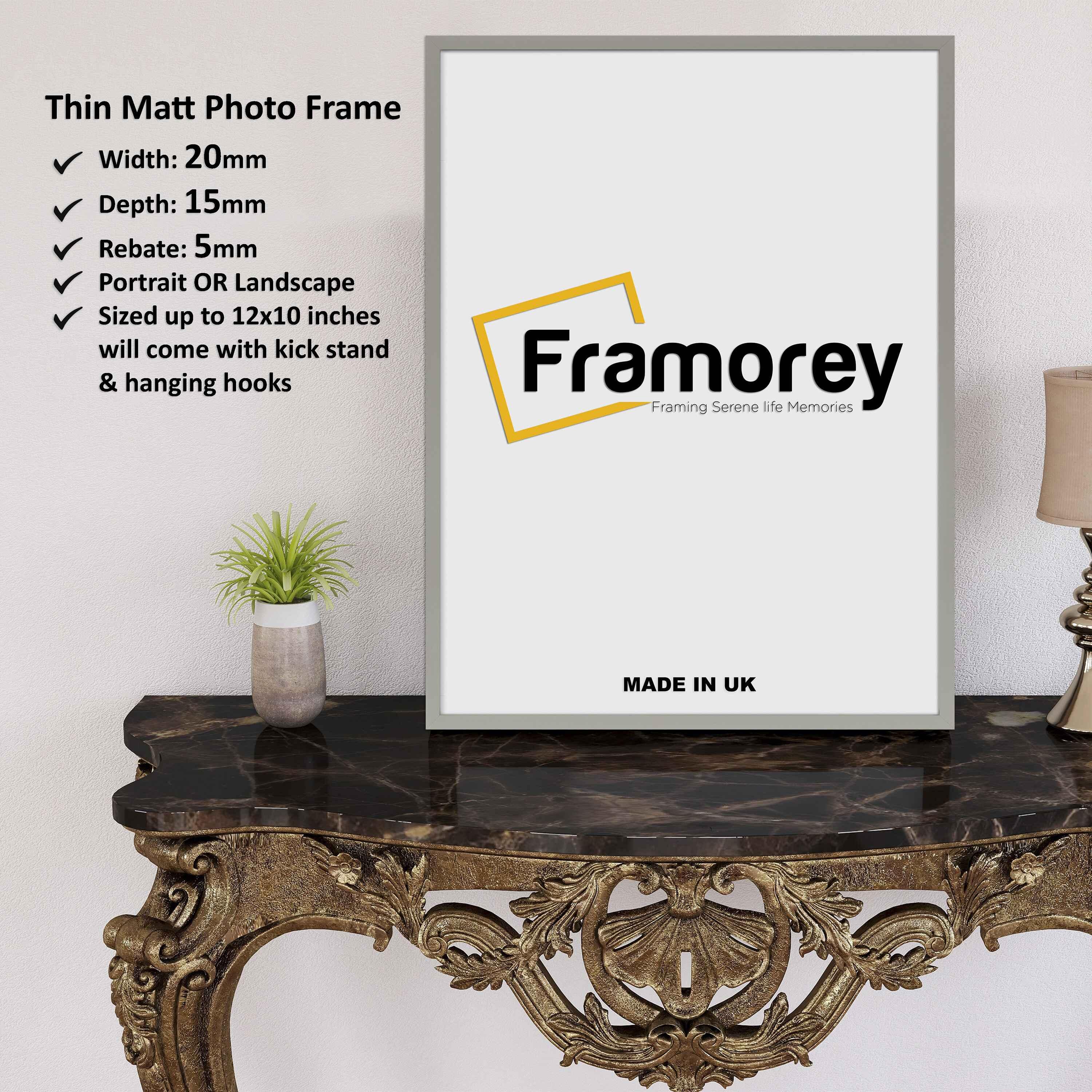 Light Grey Thin Matt Picture Frame Poster Frames Wall Decor Frame on a wooden table and some detail on its measurement.